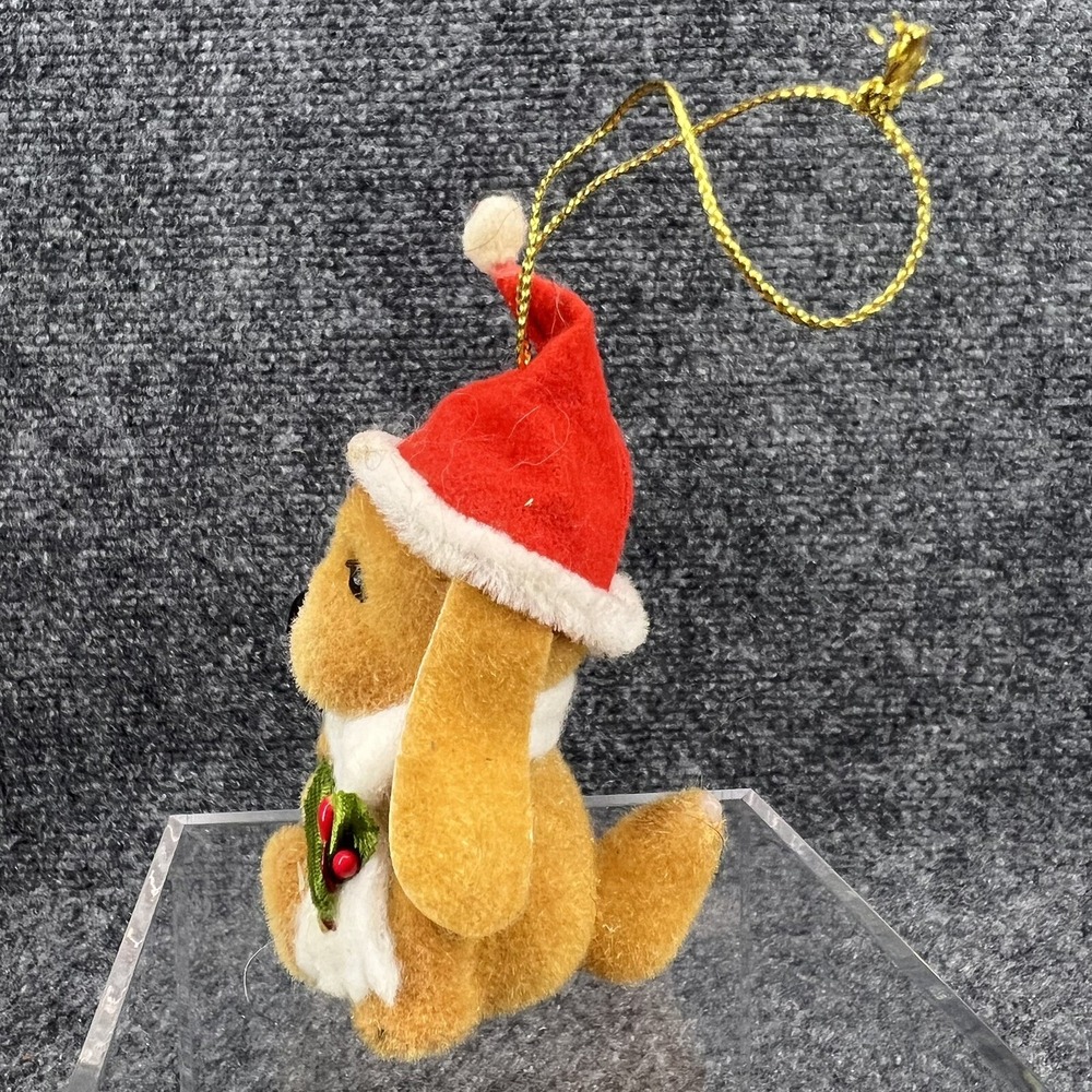 Vintage Christmas Ornament Flocked Brown Puppy Dog In Santa Hat W/Scarf & Holly - Picture 4 of 7